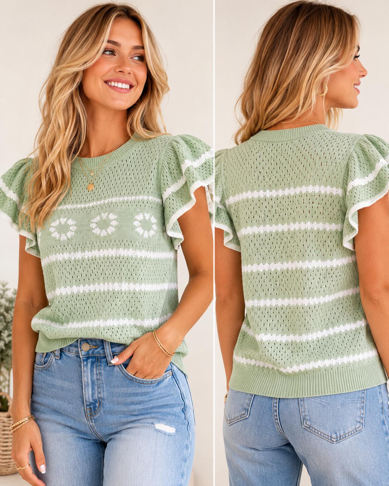 484 NWOT Unbranded Sage Striped Medium 20" PTP Floral Knit Sweater Top R0000484