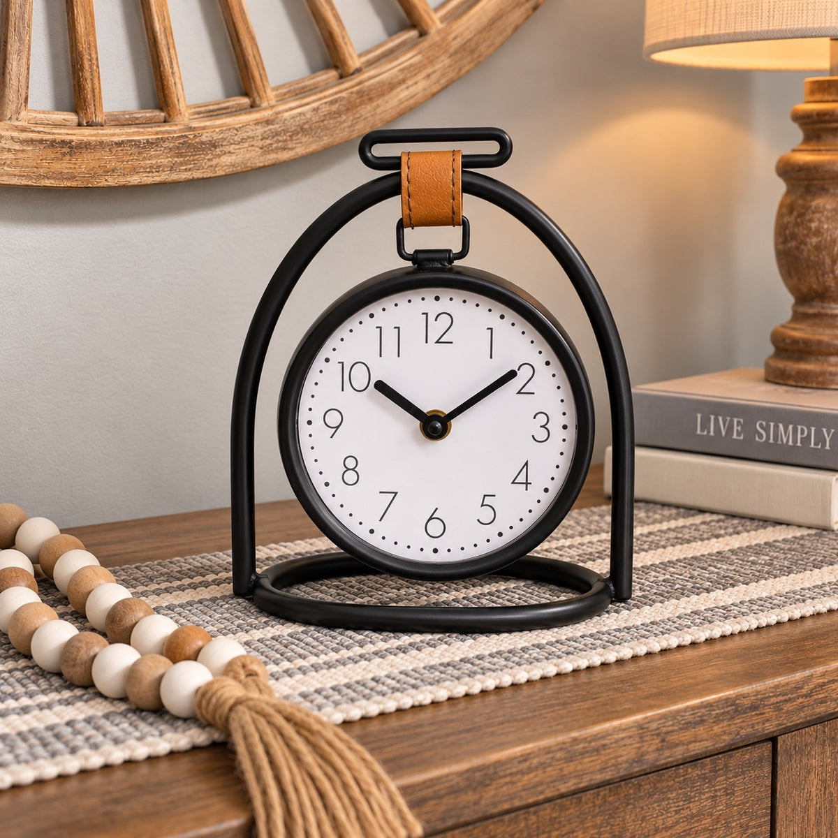 1286 New Modern Black Metal Desk Clock 8" x 7" with Leather Accent 1 ct. A0001286