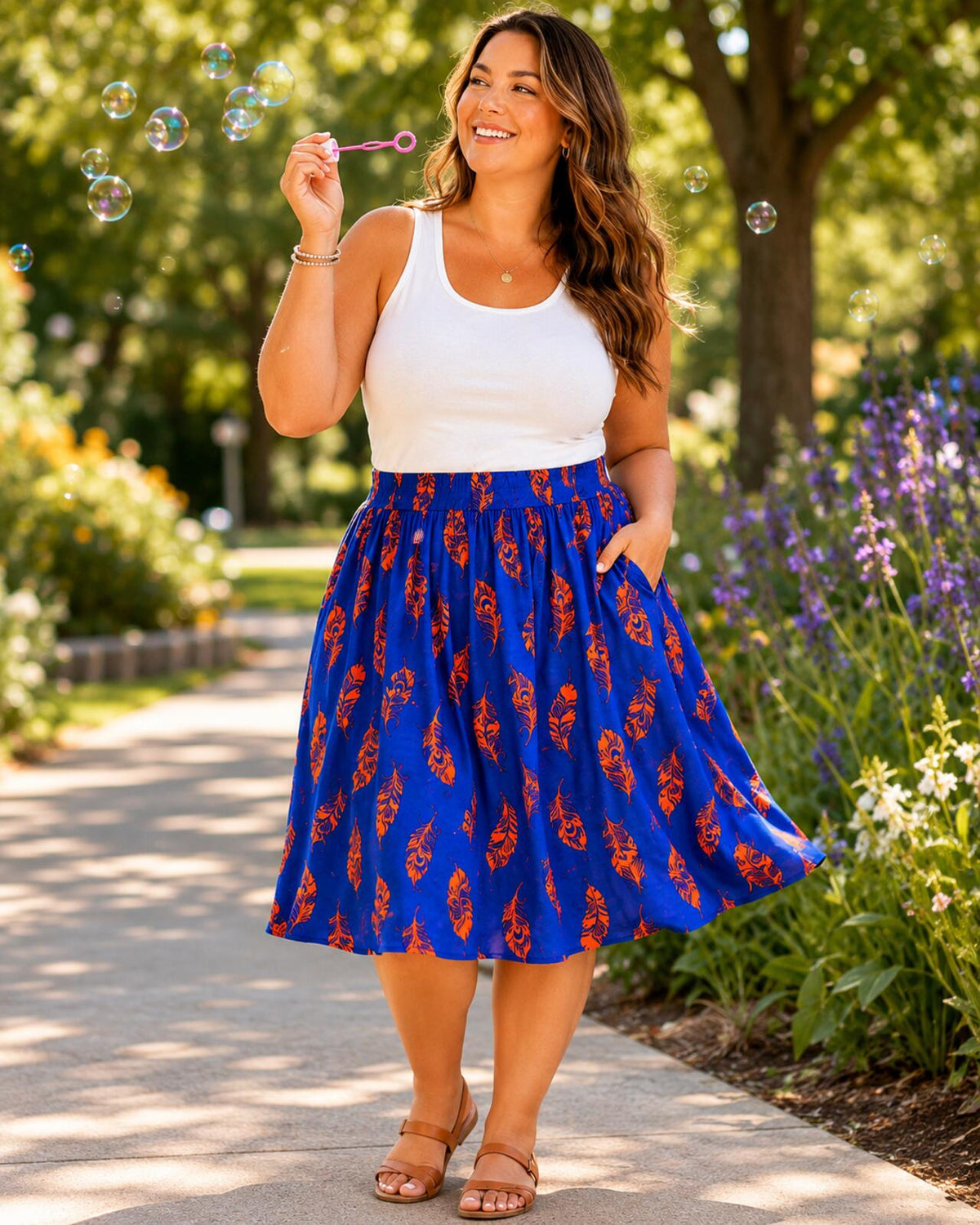 1423 NWT Lularoe Madison XL Blue Feather Print Midi Skirt with Pockets A0001423