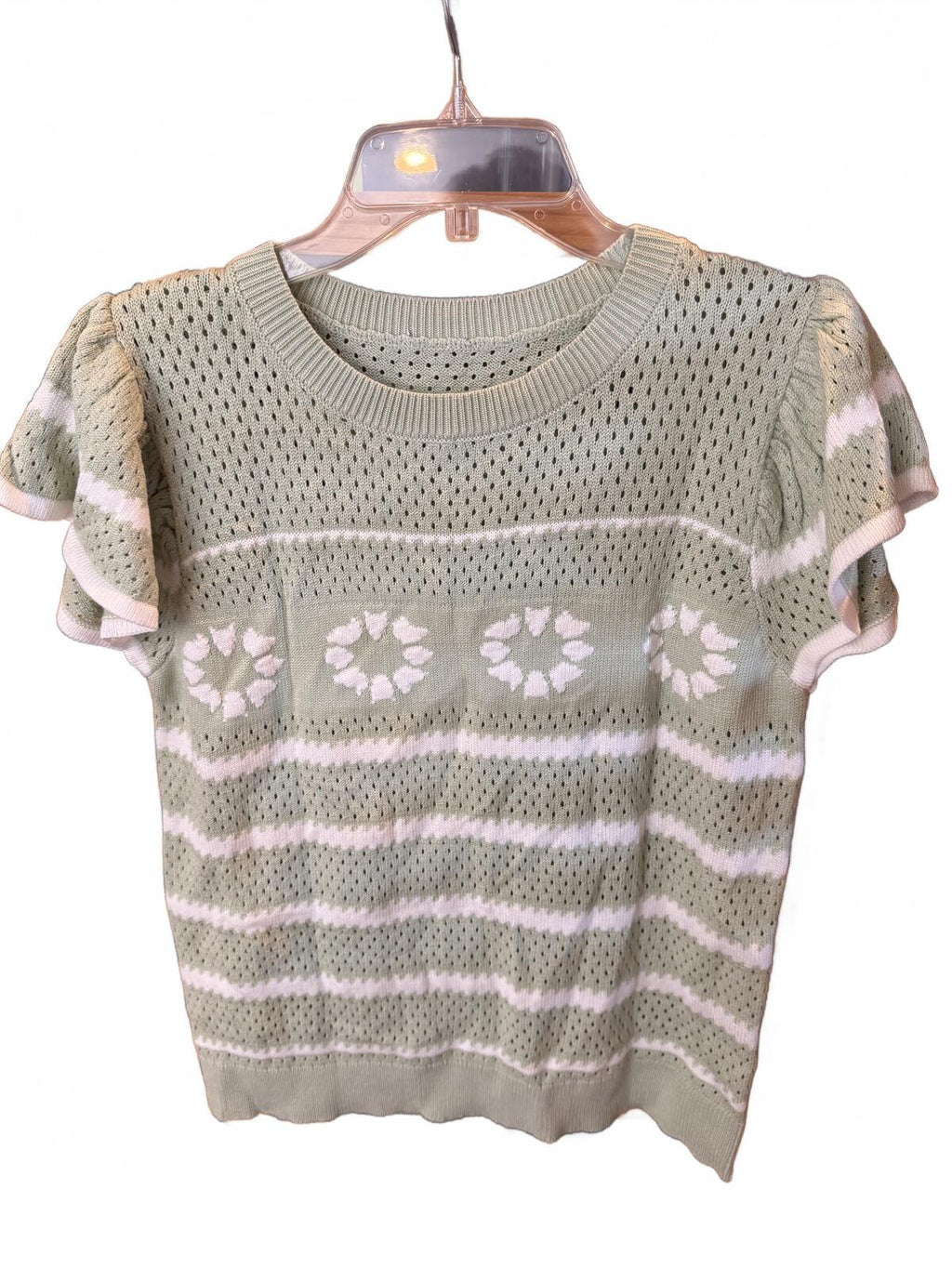 483 NWOT Unbranded Sage Striped Large 21" PTP Floral Knit Sweater Top R0000483