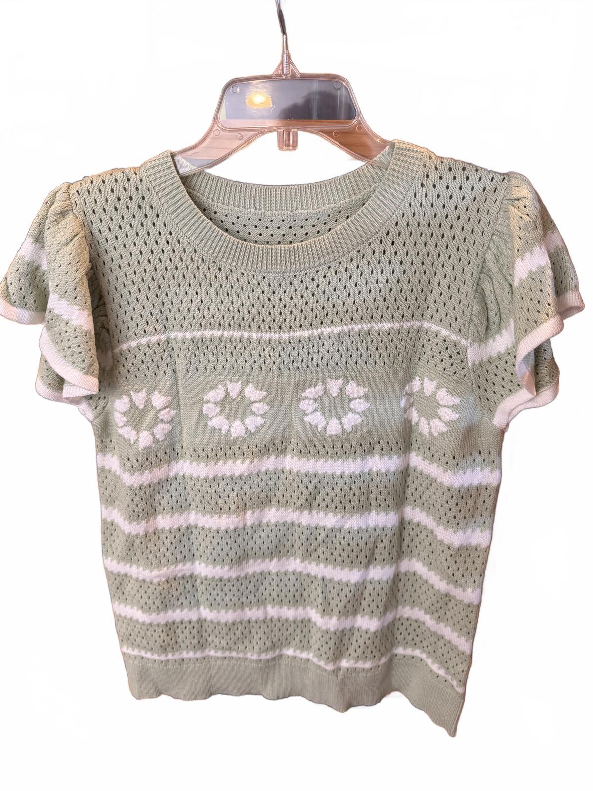 483 NWOT Unbranded Sage Striped Large 21" PTP Floral Knit Sweater Top R0000483