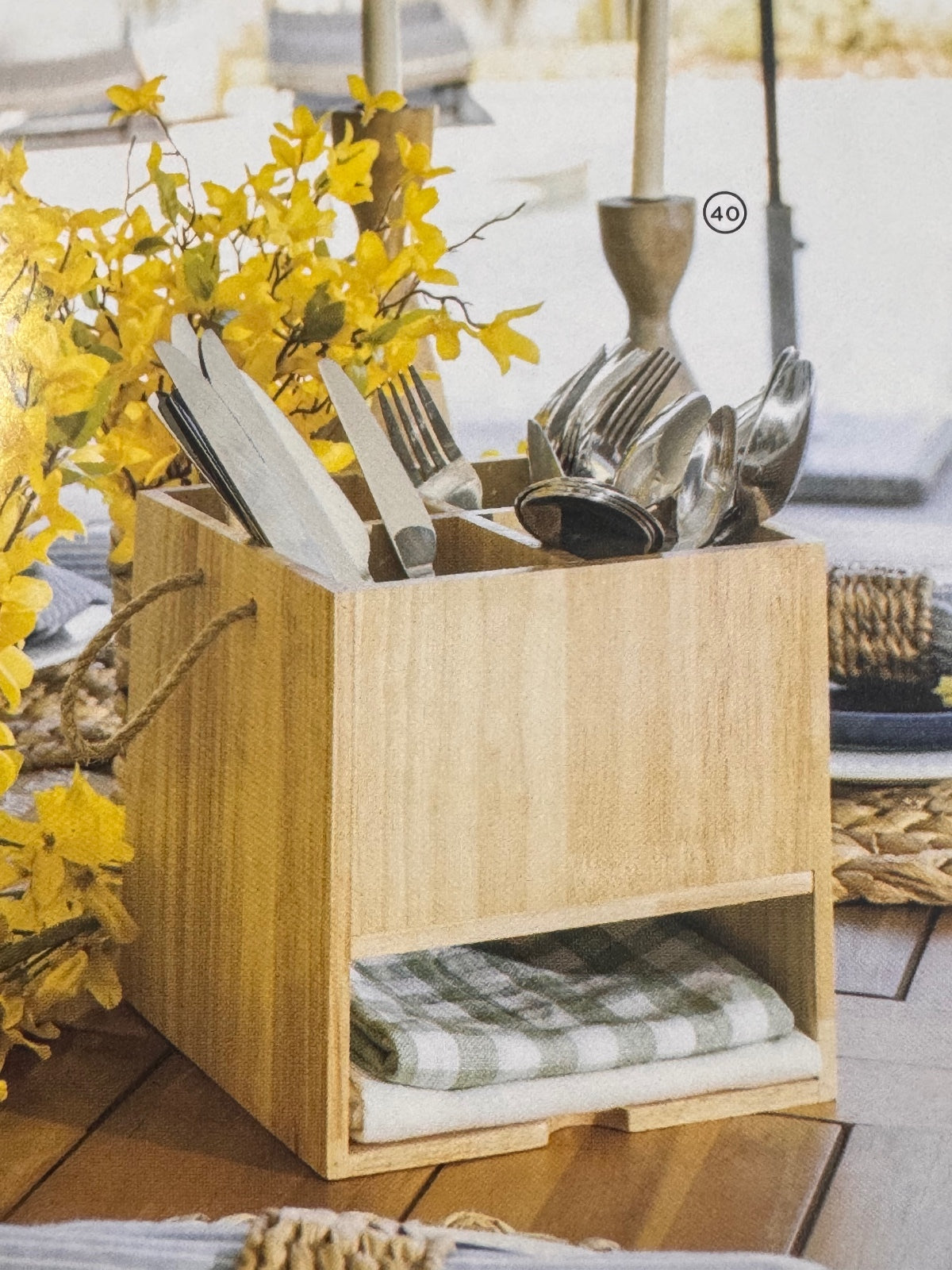 1284 New Wooden Cutlery Organizer Caddy 7.5" Cube w Napkin Shelf A0001284
