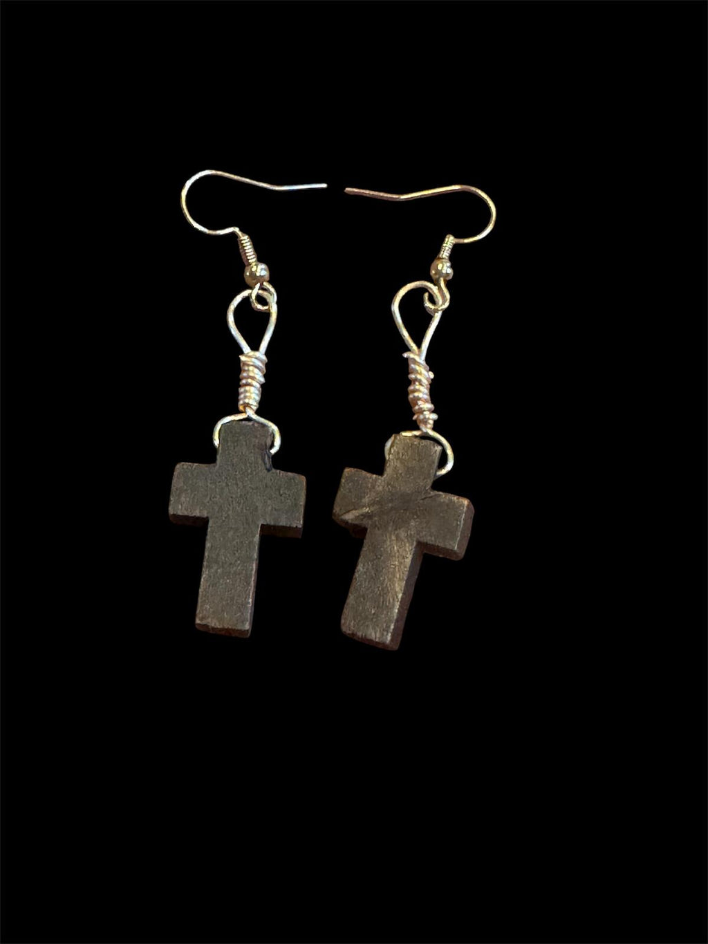 129 New Handmade 1 ct. Deep Brown Wood Cross Wrapped Wire Earrings R0000129