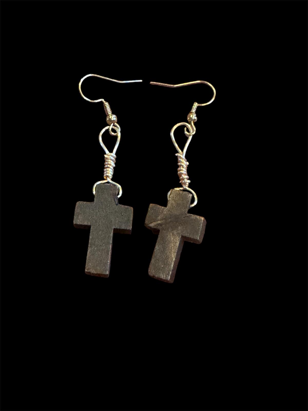 129 New Handmade 1 ct. Deep Brown Wood Cross Wrapped Wire Earrings R0000129