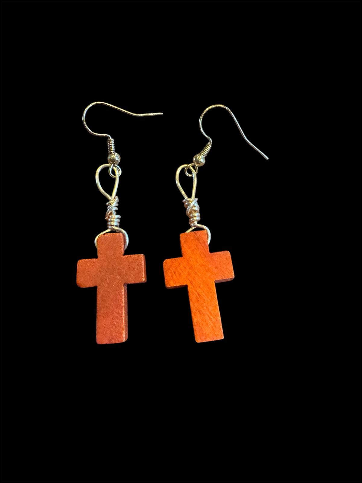 131 New Handmade 1 ct. Reddish-Orange Wood Cross Wrapped Wire Earrings R0000131
