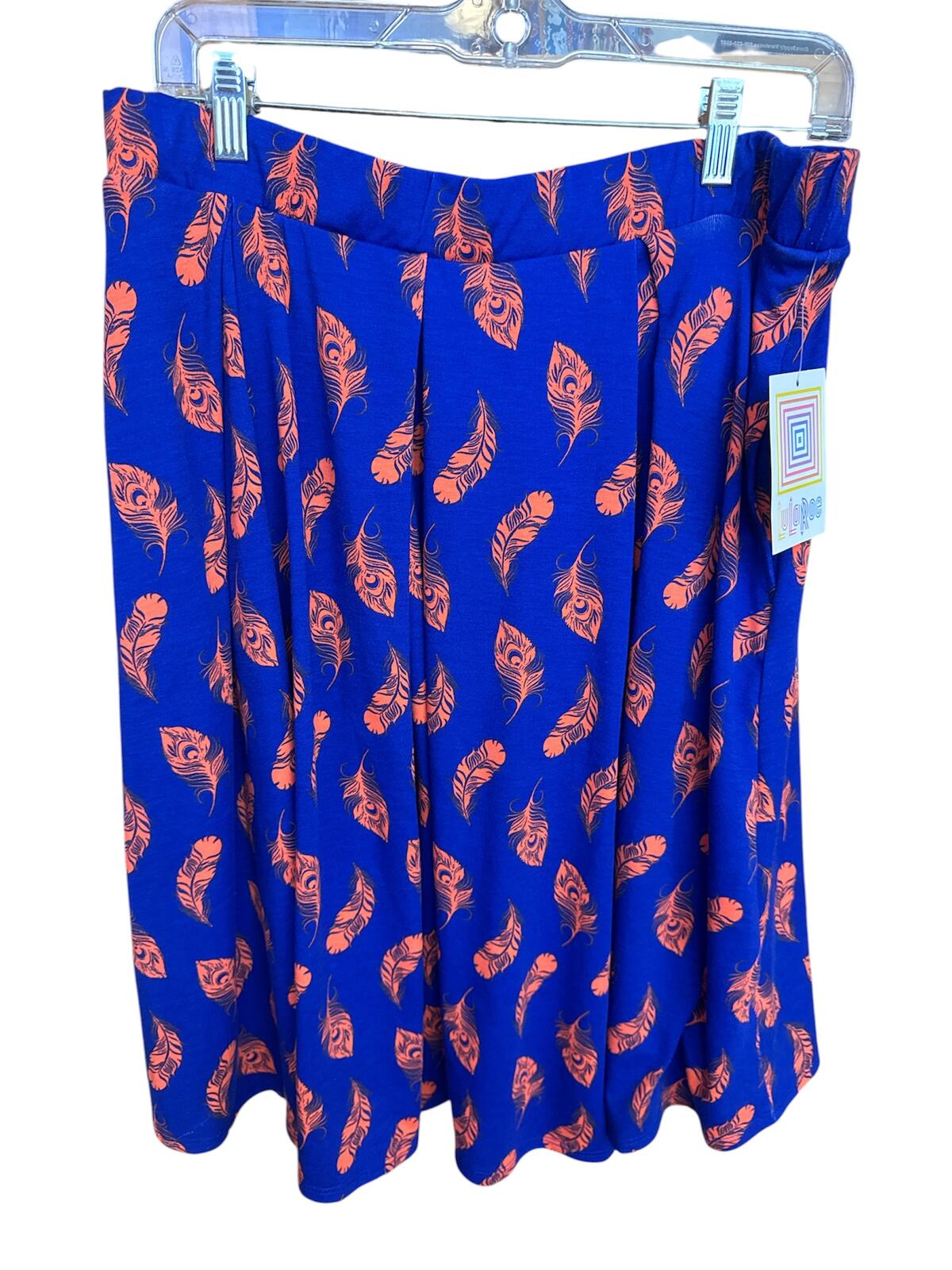 1423 NWT Lularoe Madison XL Blue Feather Print Midi Skirt with Pockets A0001423
