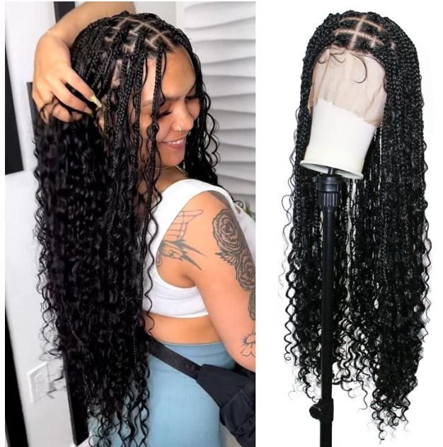 New Janyuwool 36" Full Lace Boho Knotless Box Braided Wig with Boho Curls (Black) A0001355