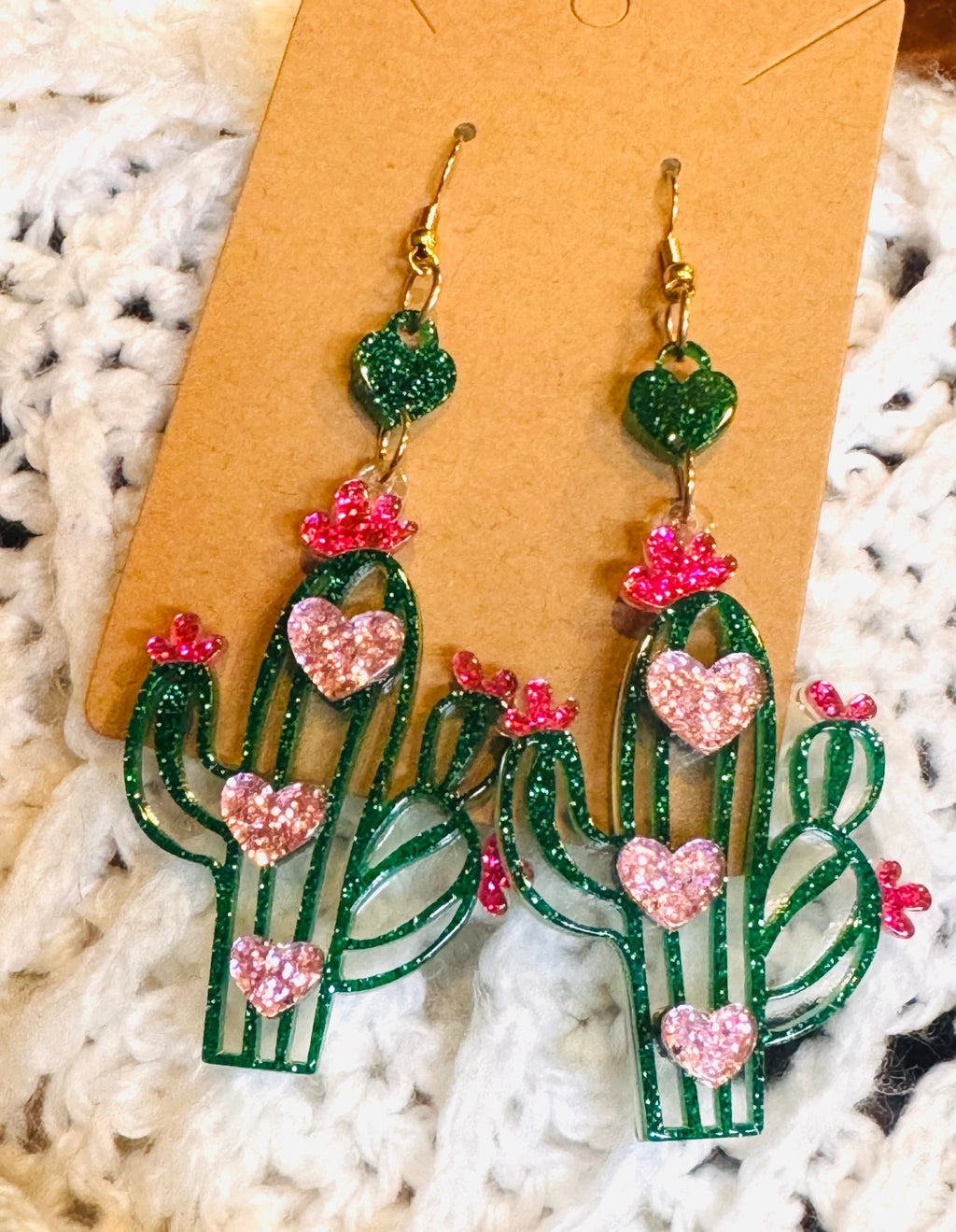 123 New Handmade Cactus Sparkle Cowgirl Earrings Dangle 3.25”  1ct. A0001023