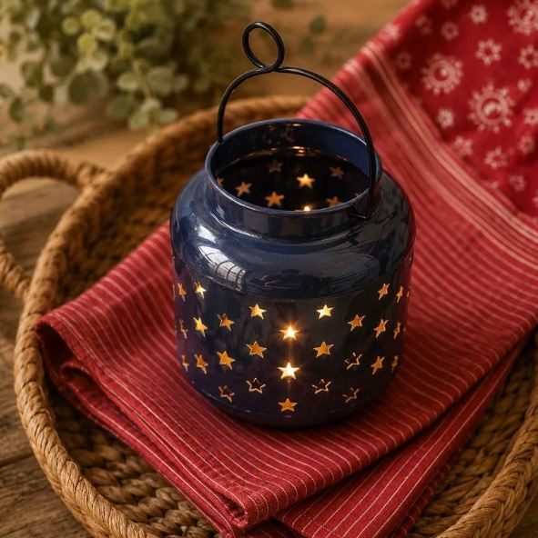 NWOT Lantern Decor Use Stars Cutout 8" h x 6" round Navy Metal A0001428