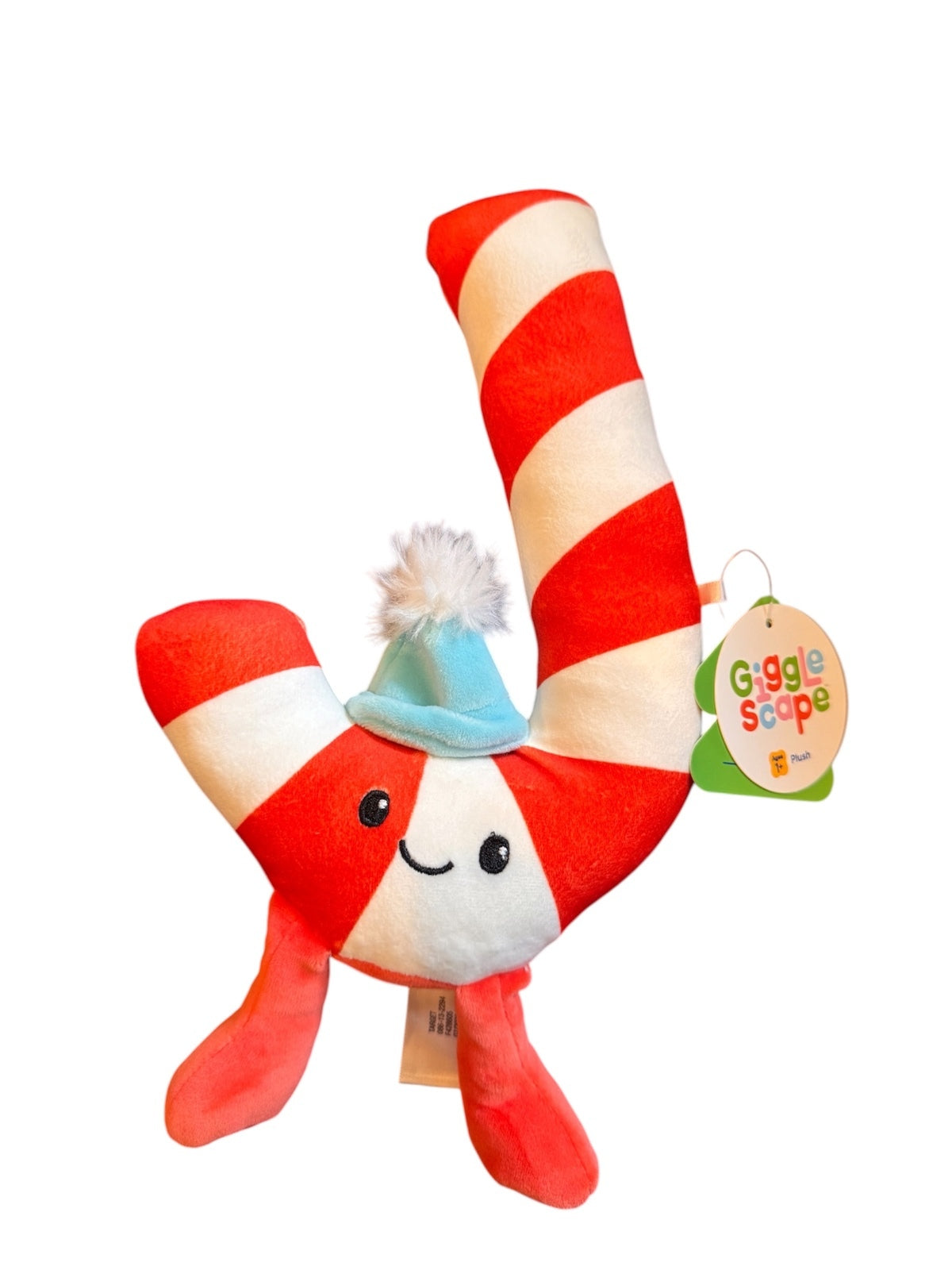 1242 NWT Giggle Scape 9" Tall Candy Cane Plush Toy with Blue Hat A0001242