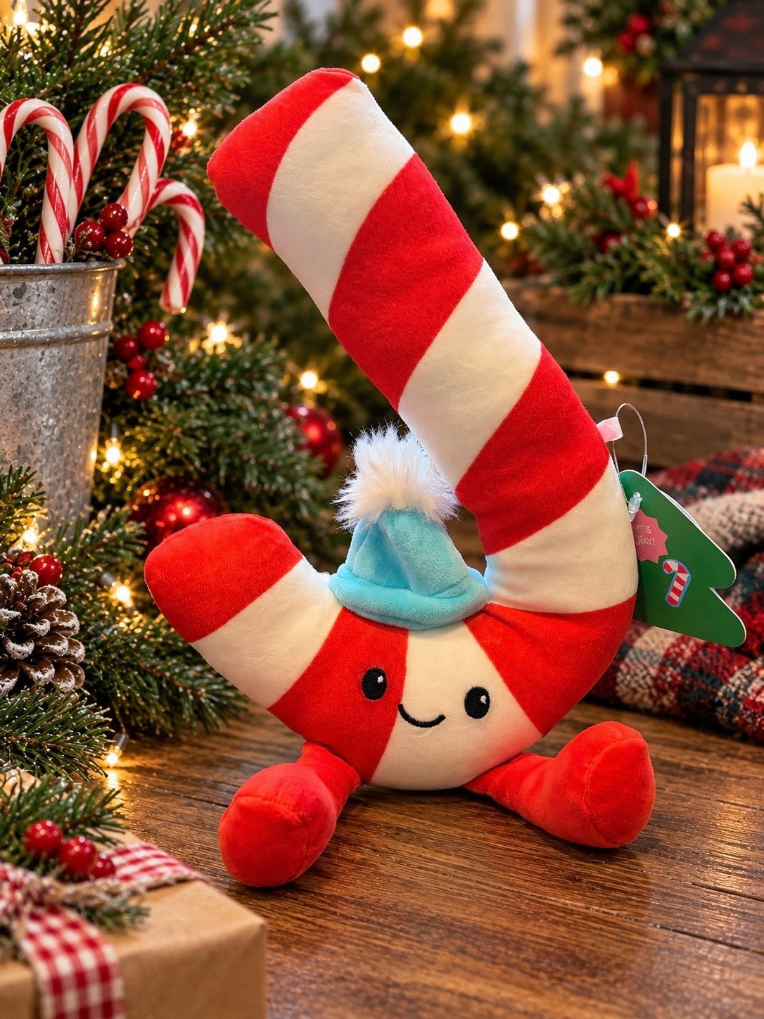 1242 NWT Giggle Scape 9" Tall Candy Cane Plush Toy with Blue Hat A0001242