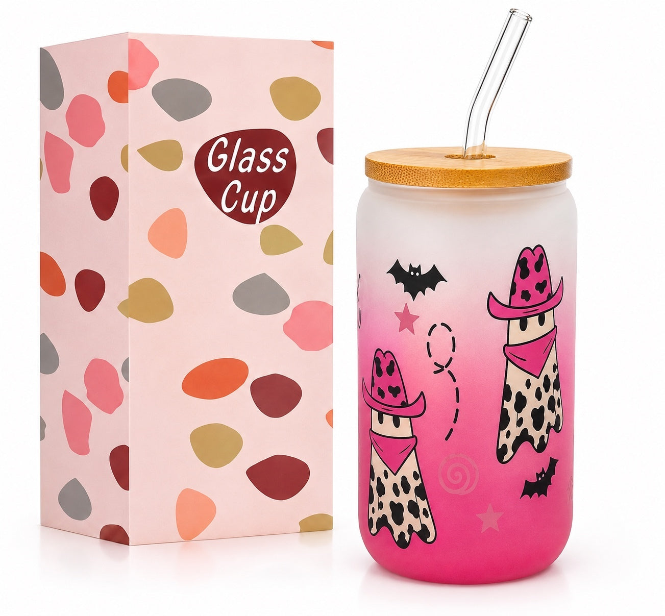 926 New Pink Gradient Glass Tumbler with Cowboy Ghost 16 oz. Bamboo Lid A0000926
