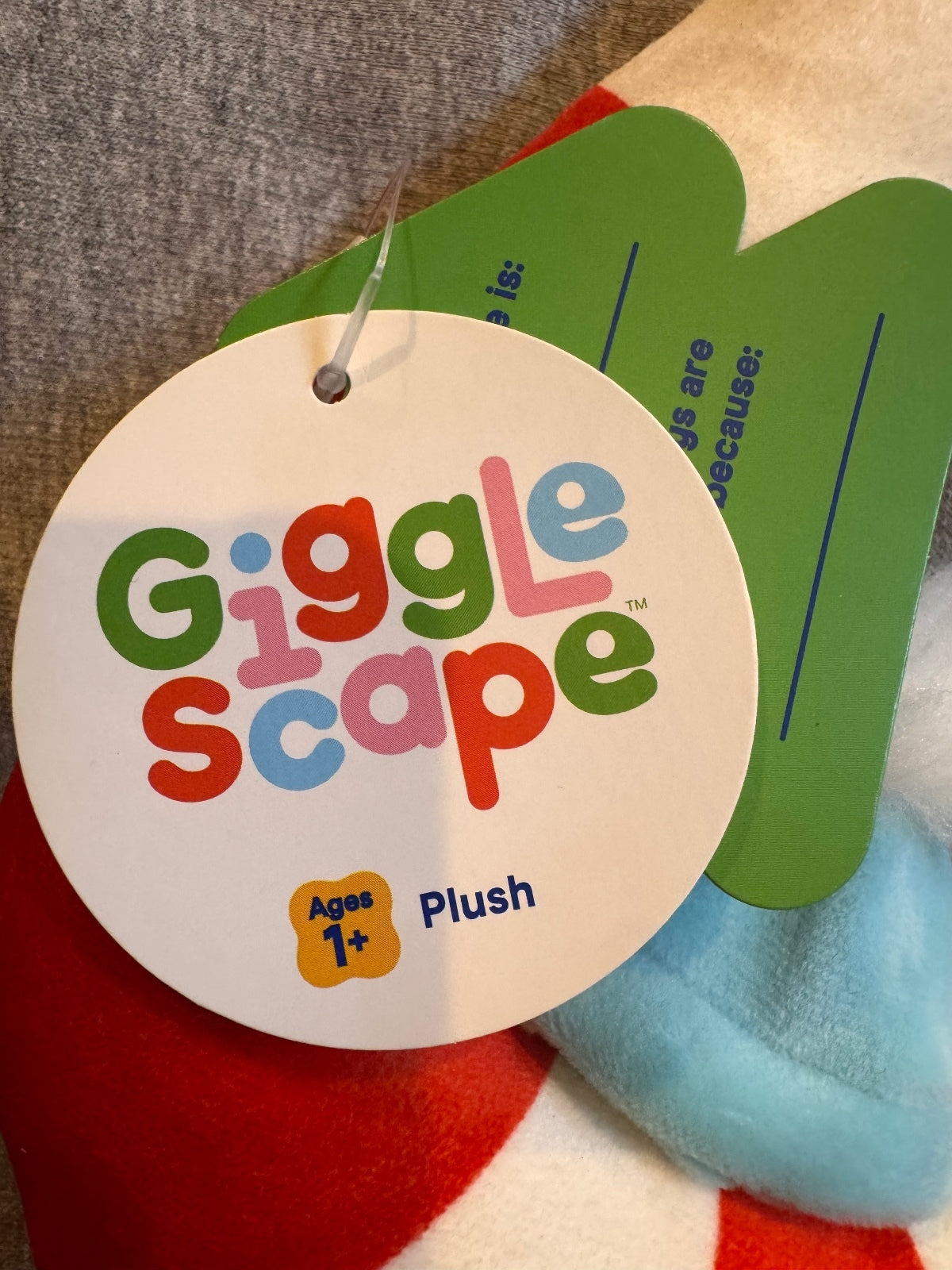 1242 NWT Giggle Scape 9" Tall Candy Cane Plush Toy with Blue Hat A0001242
