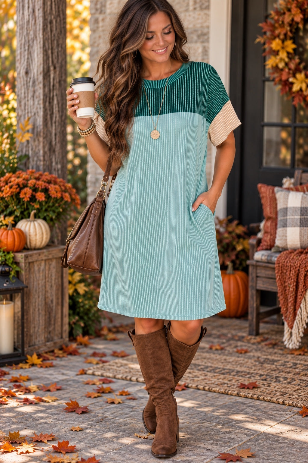 1272 NWT Fantaslook Large 25”PTP Comfy Colorblock w Pockets Dress A0001272