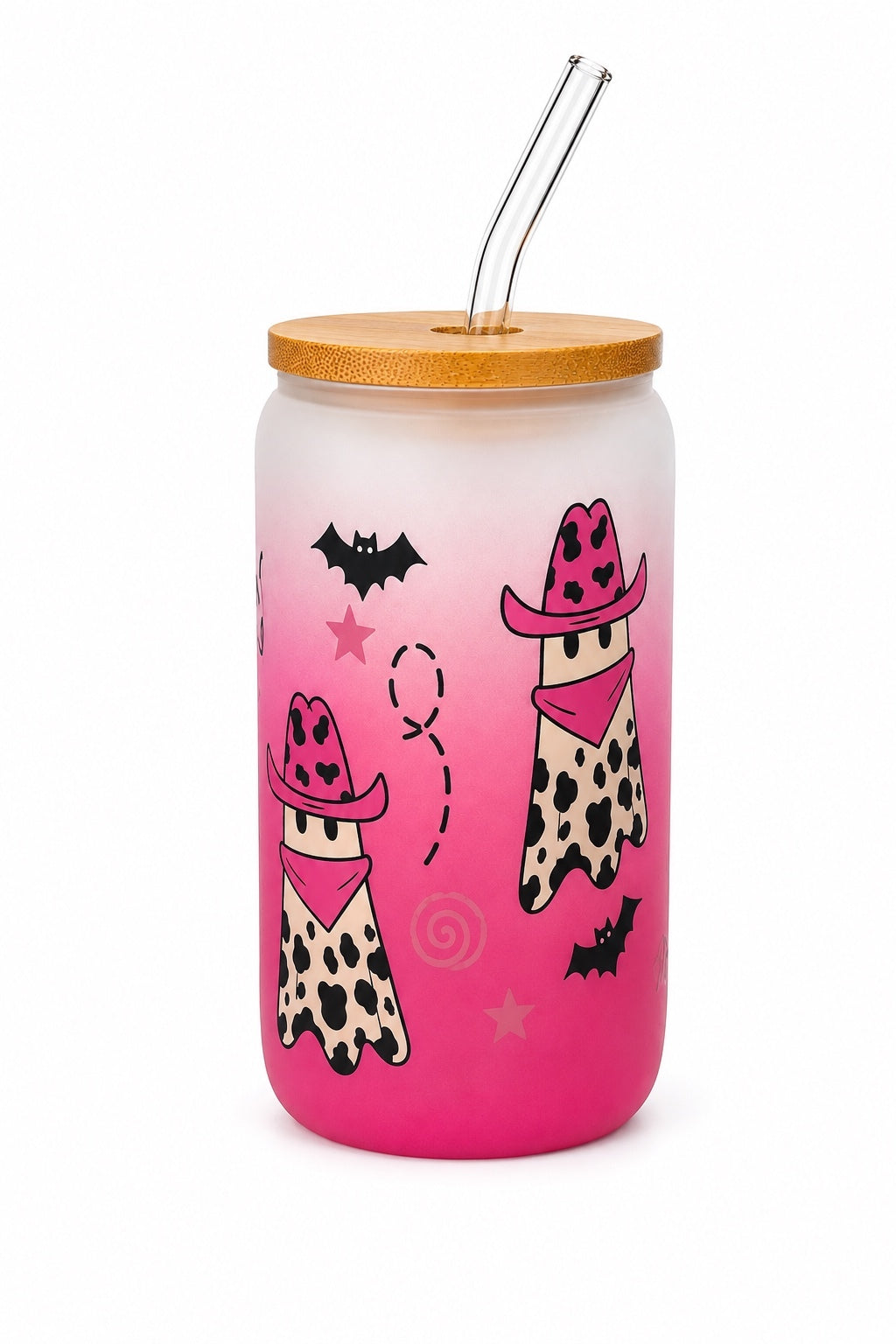 926 New Pink Gradient Glass Tumbler with Cowboy Ghost 16 oz. Bamboo Lid A0000926