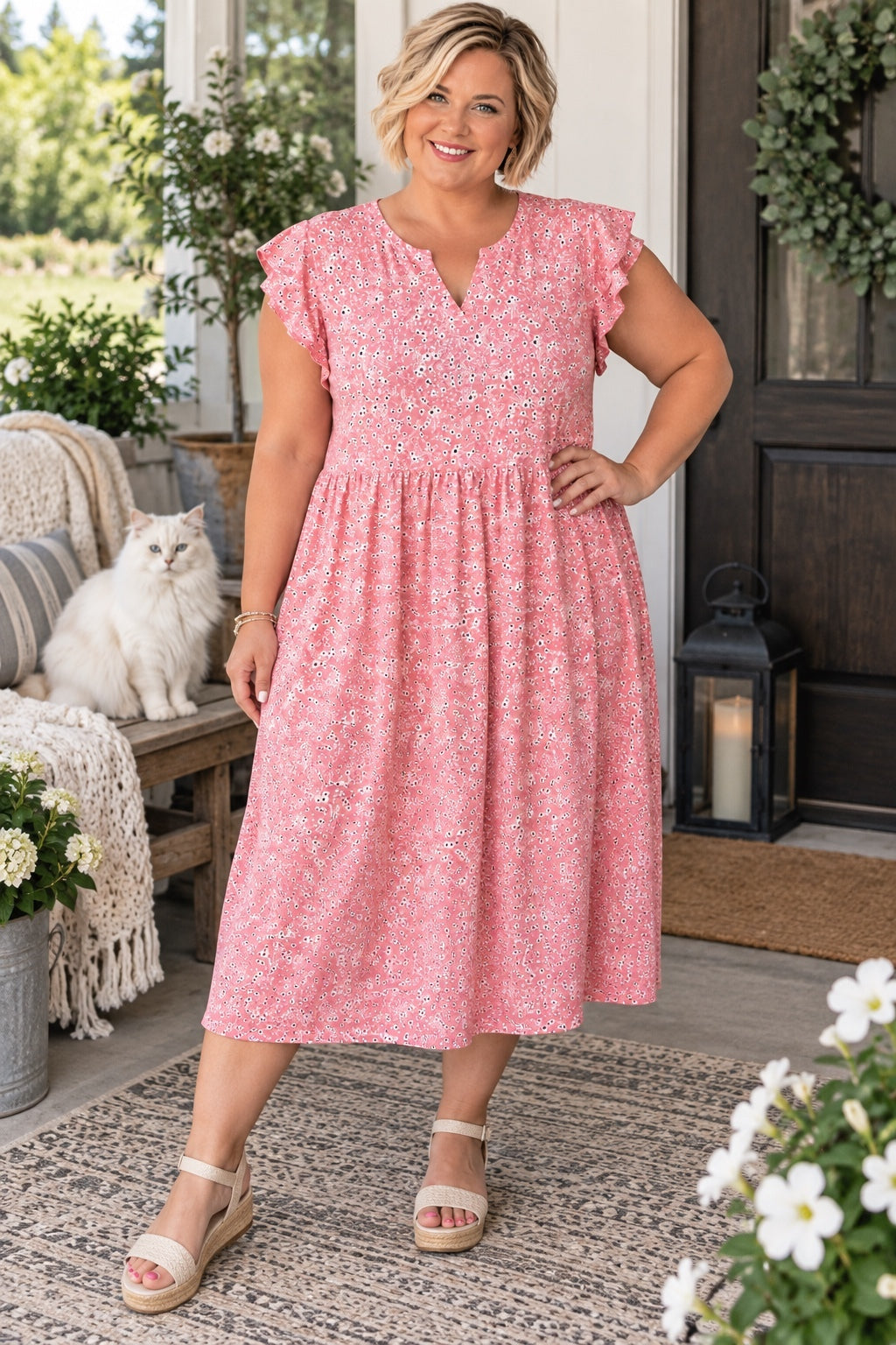 1201 NWT Fantaslook Large 21"PTP Pink Floral Midi Dress Flutter Sleeves A0001201