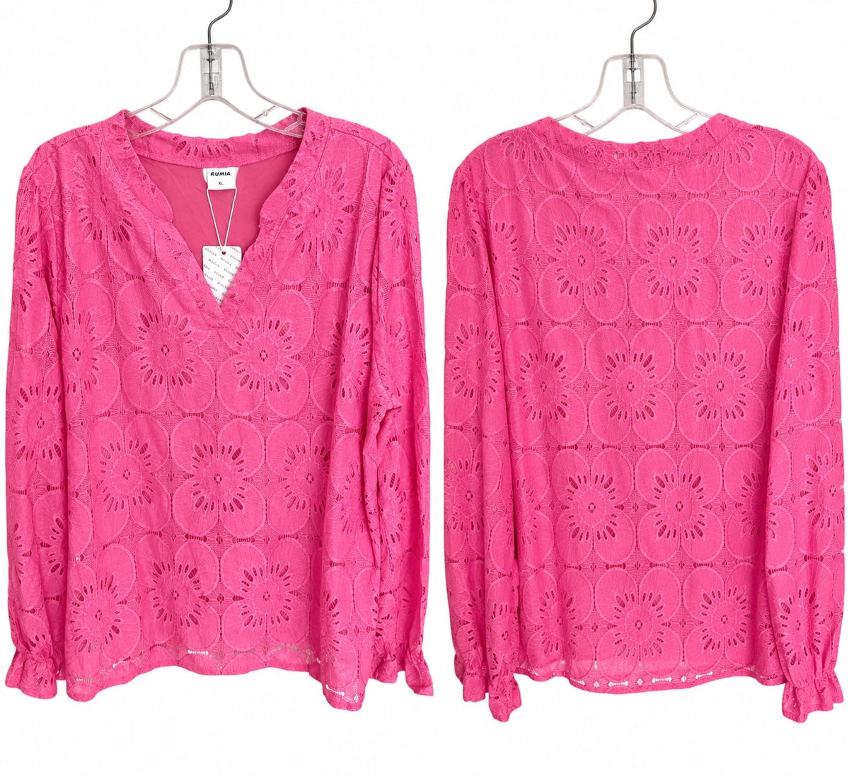 1271 NWT Rumia XL 25” PTP Floral Lace Blouse $40 MSRP Pink Long Sleeve A0001271