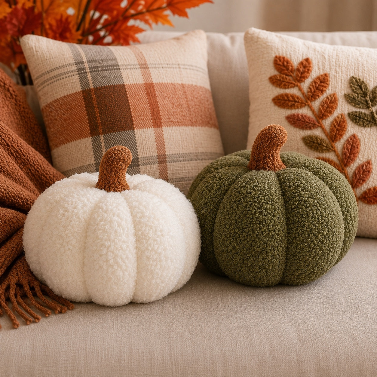 1083 NWOT 2 ct. 3D 10" Pumpkin Throw Pillow MSRP$24 Plush Green n White A0001083