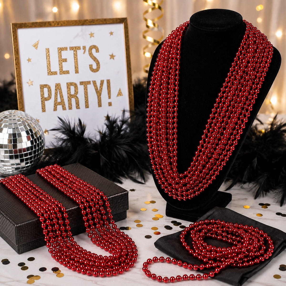 1093 New 15 Pc Red Bead Necklaces for Festive Events Mardi Gras A0001093