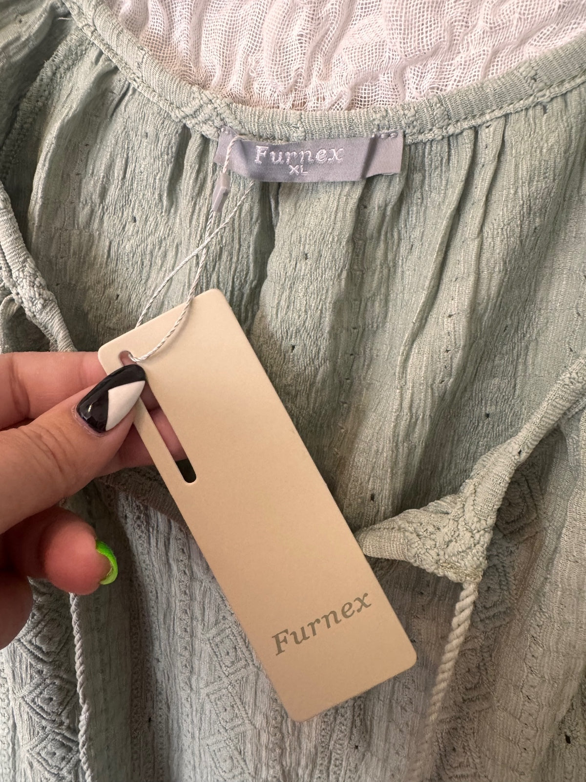 1193 NWT Furnex XL Light Green Embroidered Boho Blouse with Tassel Tie A0001193