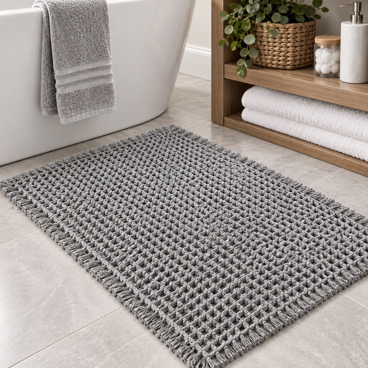 1240 NWOT Gray Waffle Texture Bath Mat 32" x 21.5" w Non-Slip Backing A0001240