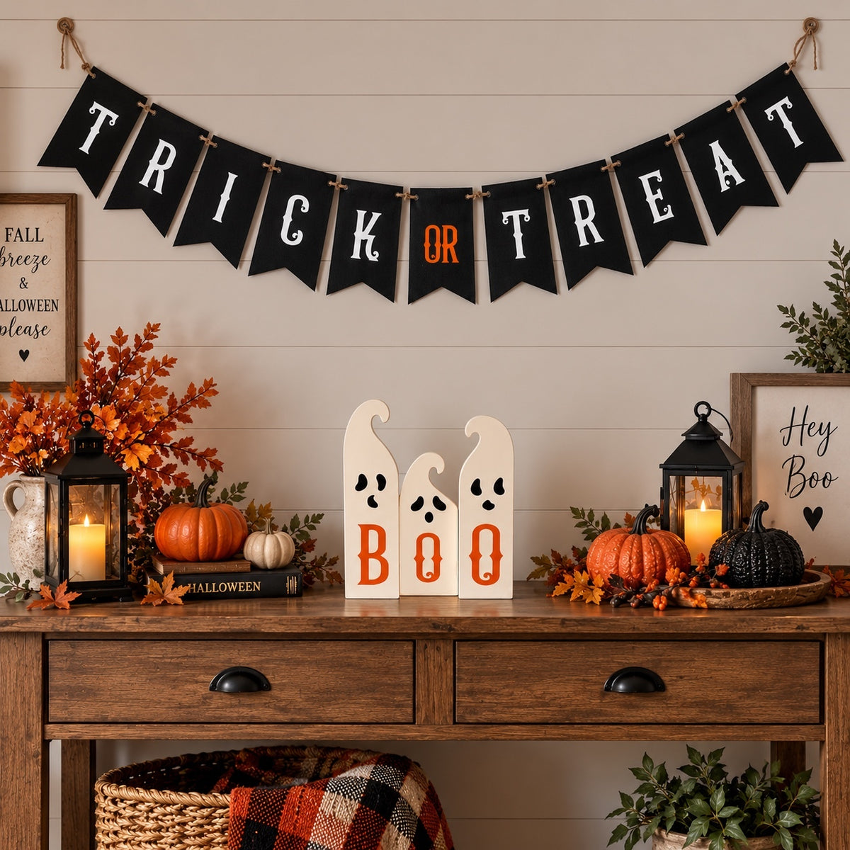 1160 NWOT Halloween 2 pc. 70" Banner w 7" Wooden BOO Decoration A0001160