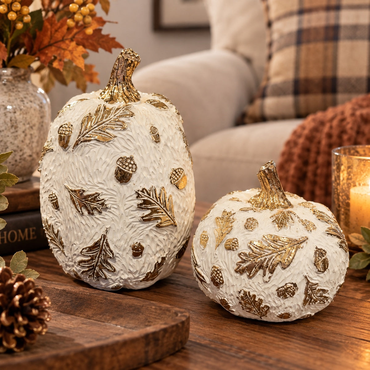 1245 New 2 Pc. Resin 5" & 7" Decorative White & Gold Detail Pumpkin Set A0001245