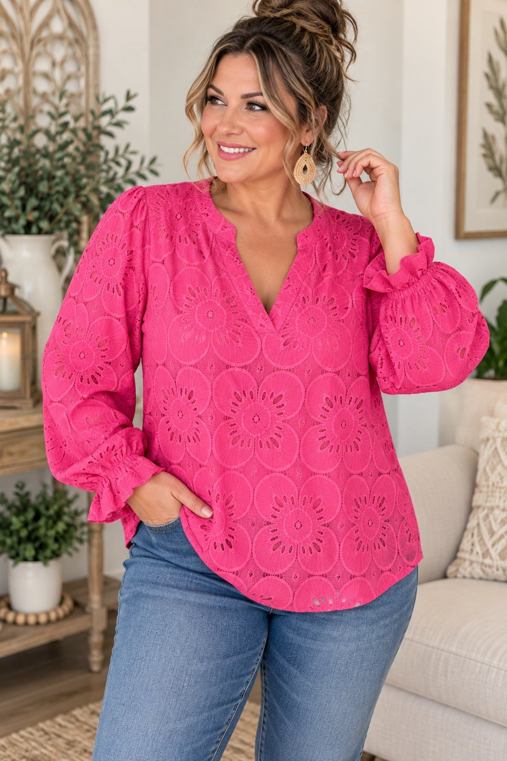1271 NWT Rumia XL 25” PTP Floral Lace Blouse $40 MSRP Pink Long Sleeve A0001271