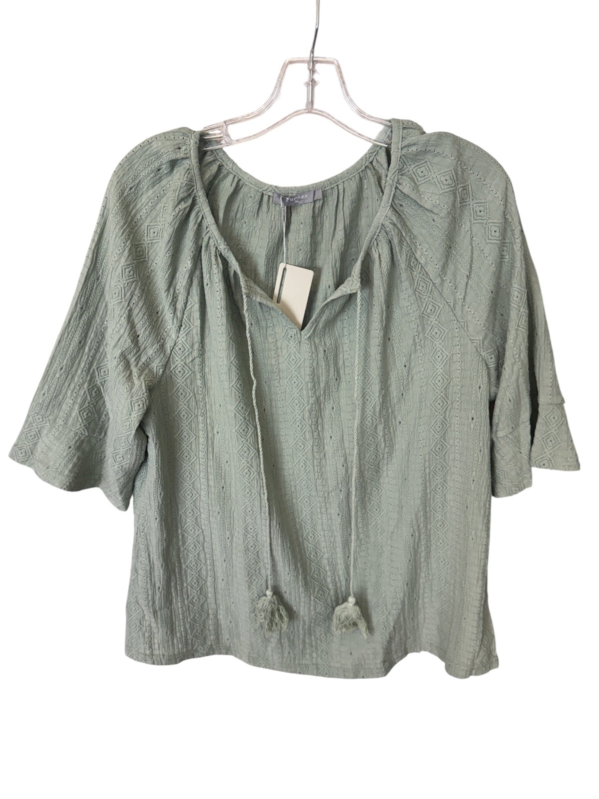 1193 NWT Furnex XL Light Green Embroidered Boho Blouse with Tassel Tie A0001193