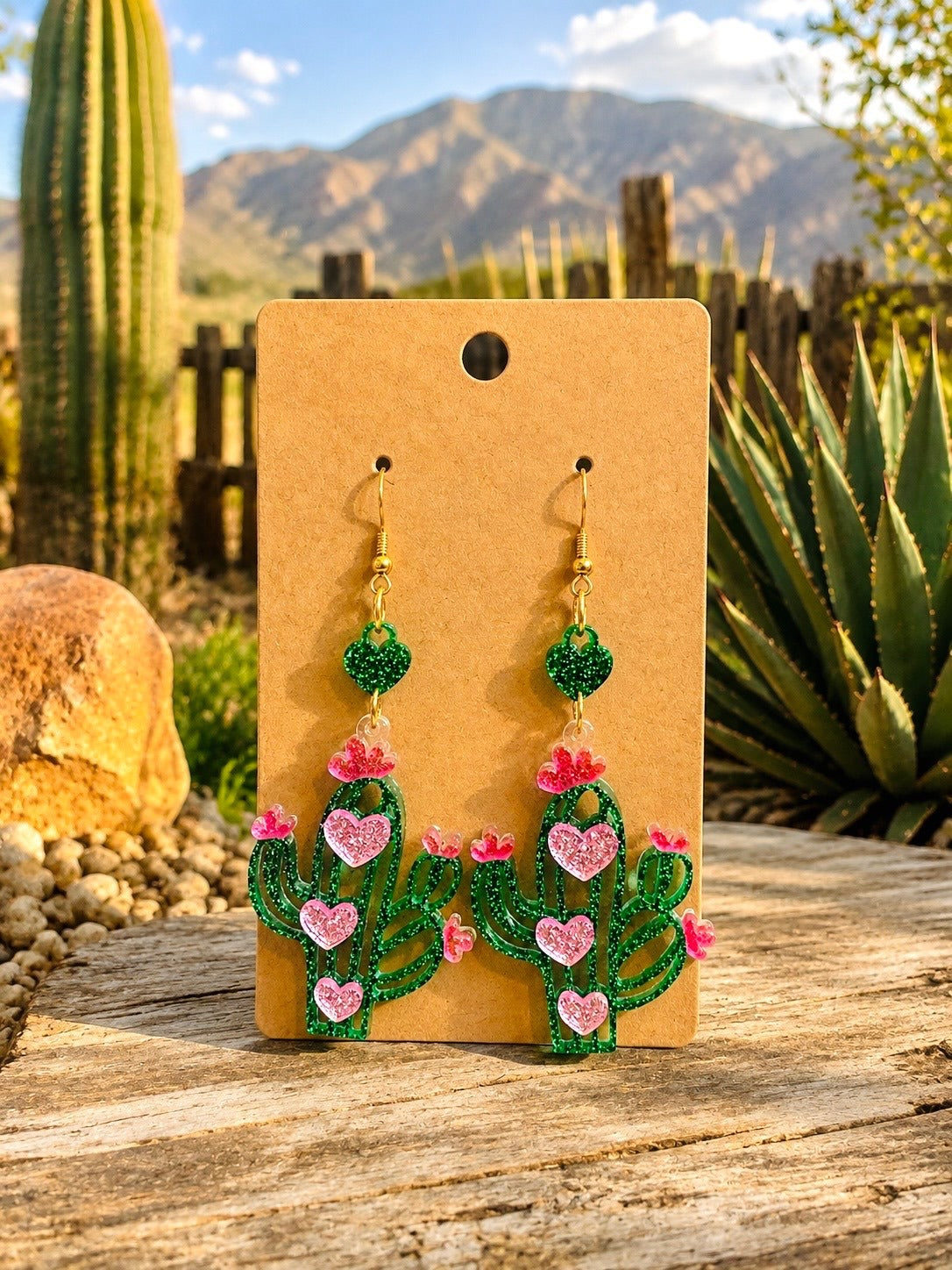 123 New Handmade Cactus Sparkle Cowgirl Earrings Dangle 3.25”  1ct. A0001023