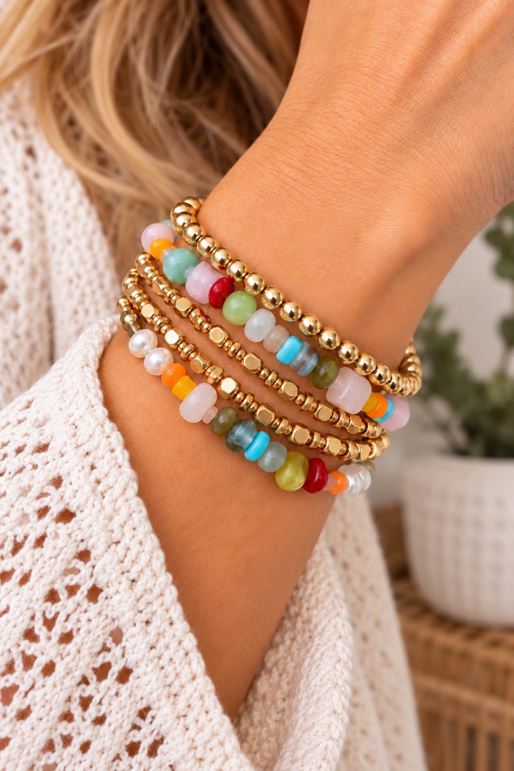 New Unbranded Set of 5 Multicolor Beaded Boho Stretch Bracelets A0001379