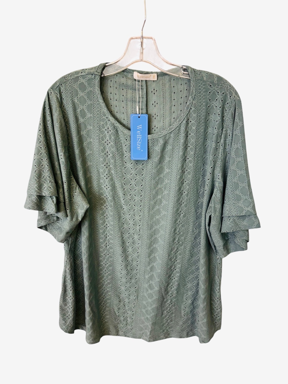 1198 WellSize 2XL 27" PTP Light Green Textured Short Sleeve Top Boho A0001198