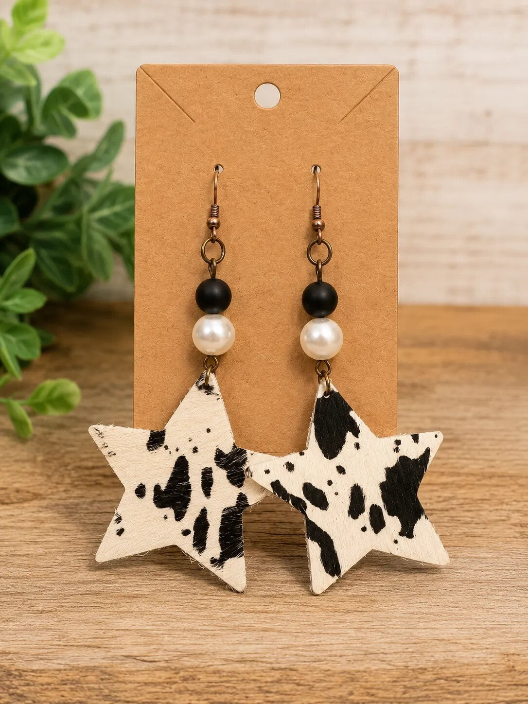 1045 New Handmade Black and White Cow Print Star Dangle Earrings A0001045
