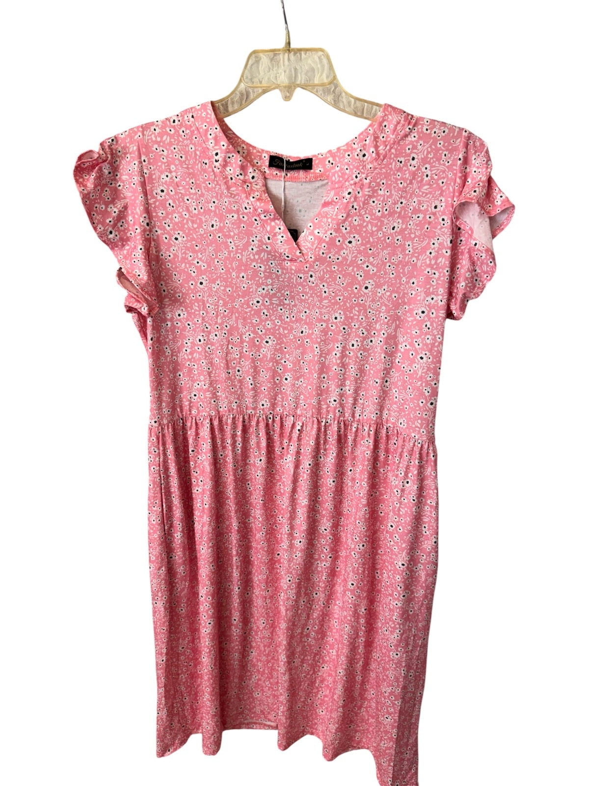 1201 NWT Fantaslook Large 21"PTP Pink Floral Midi Dress Flutter Sleeves A0001201