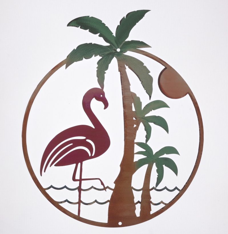 NWOT Tropical Flamingo Palm Tree Circular Metal 11.5"x9.75" Wall Art A0001420