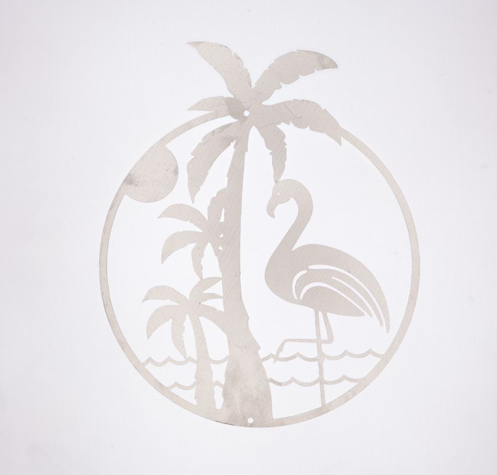 NWOT Tropical Flamingo Palm Tree Circular Metal 11.5"x9.75" Wall Art A0001420